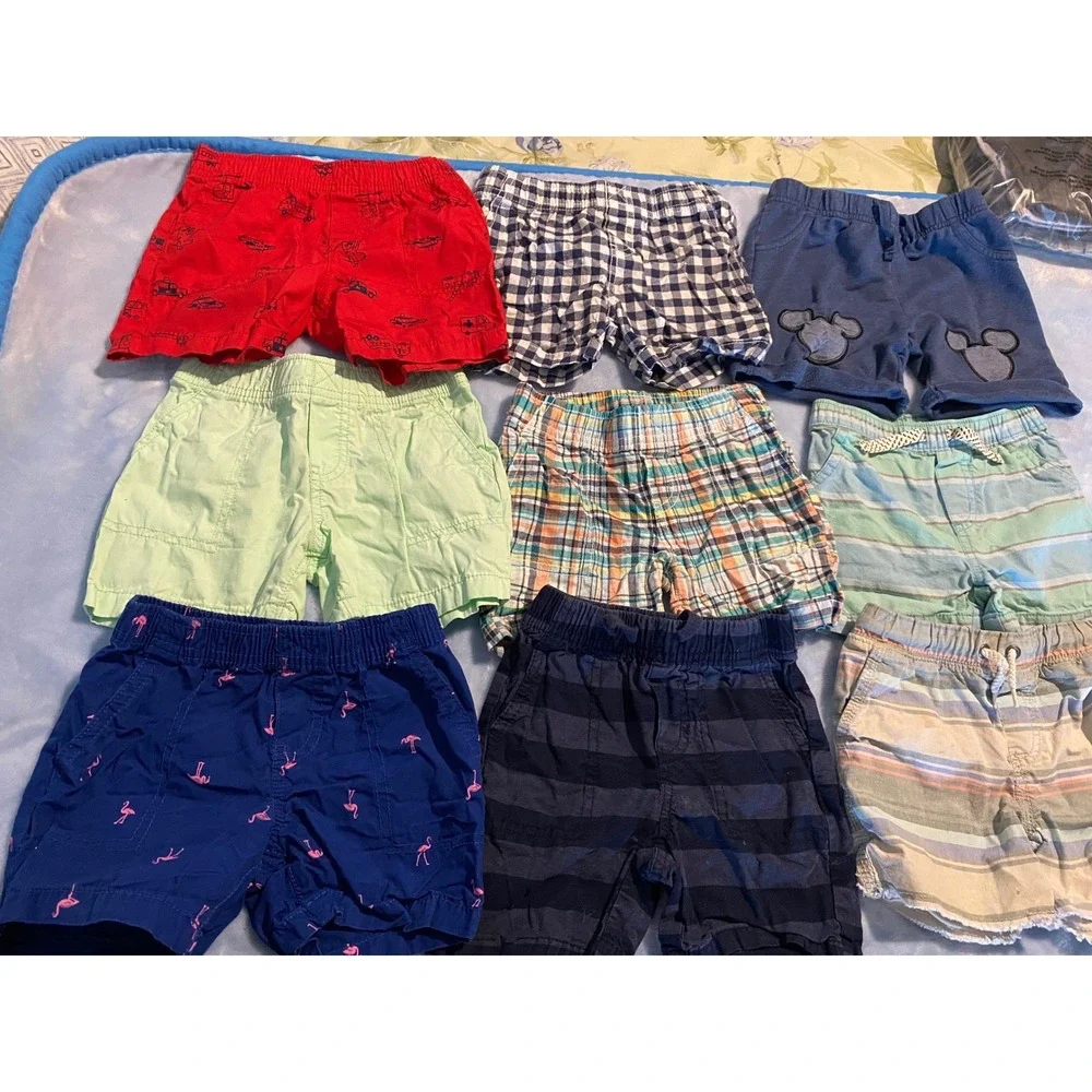 Carters OshKosh Baby Boy Shorts Lot 9 Pairs 18M Plaid Stripe Mickey Flamingo